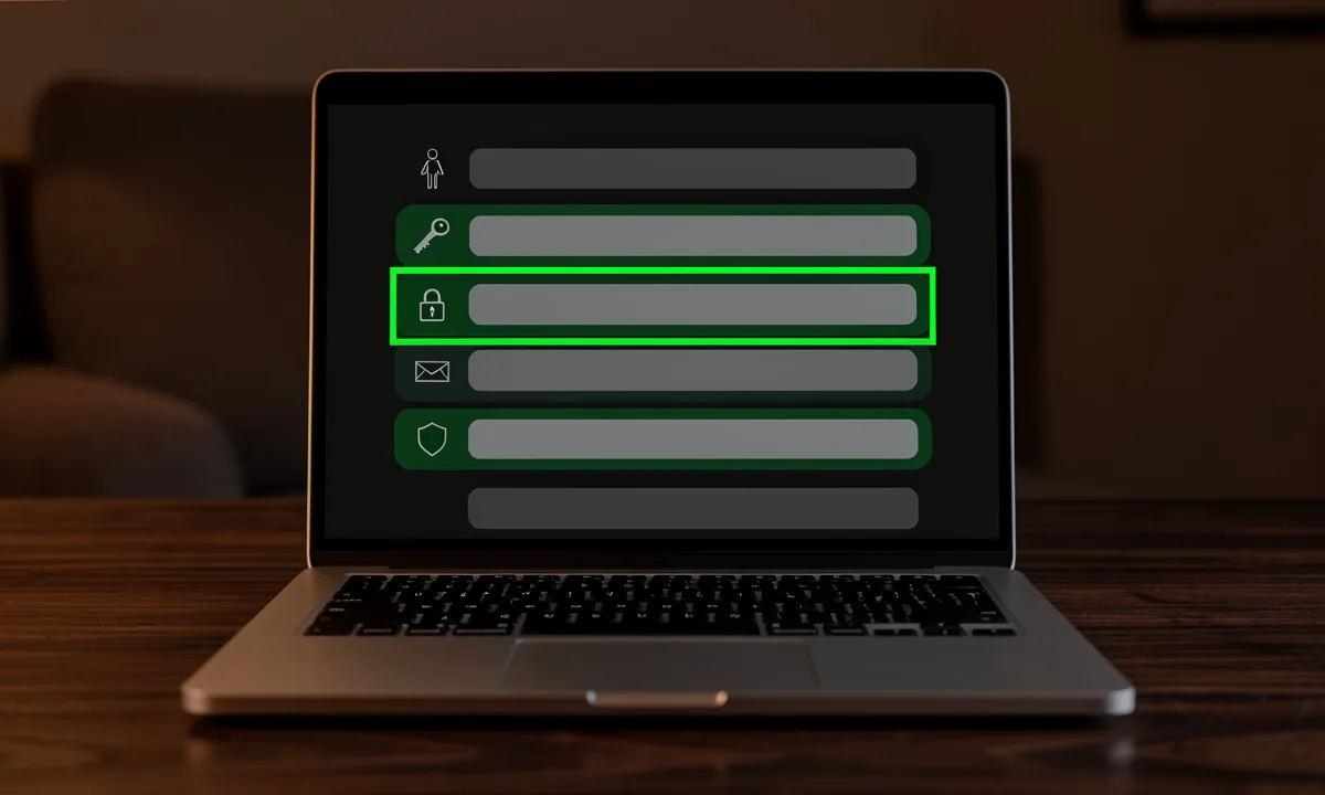 Illustration: a laptop in dark mode showing six stored rows, each with a line icon for a person, key, padlock, envelope or shield and a grey bar