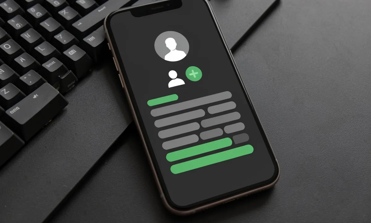 Illustration: a phone in dark mode showing a developer profile with a grey avatar and a people icon with a plus sign