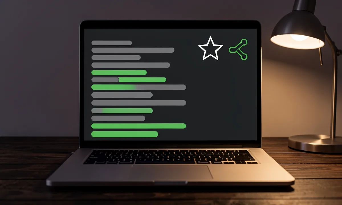 Illustration: a laptop in lamplight showing a repository page in dark mode with a star icon and a fork icon, file names drawn as bars